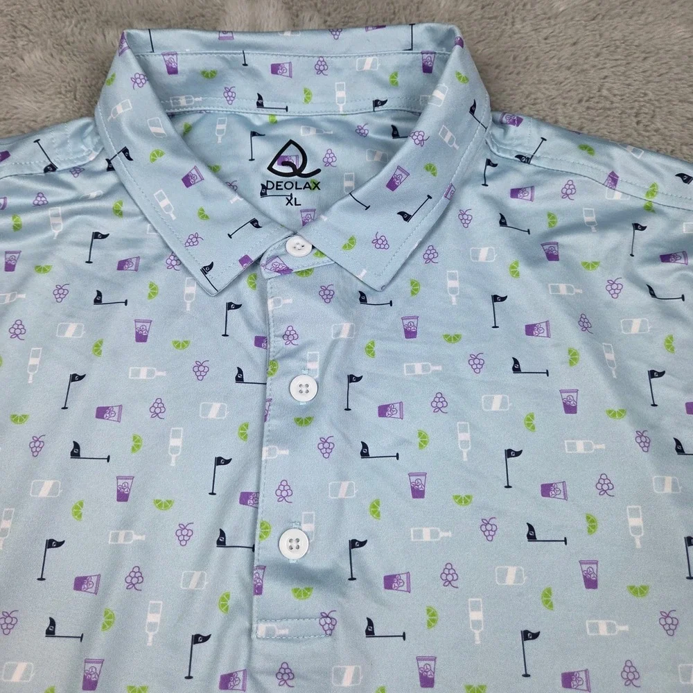 Deolax Golf Polo Mens XL Short Sleeve Cocktail Golf Flag Print Performance Blue